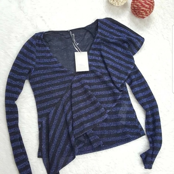 Zara Frill Metallic V-neck Stripe Sheer Blouse M - Picture 1 of 8